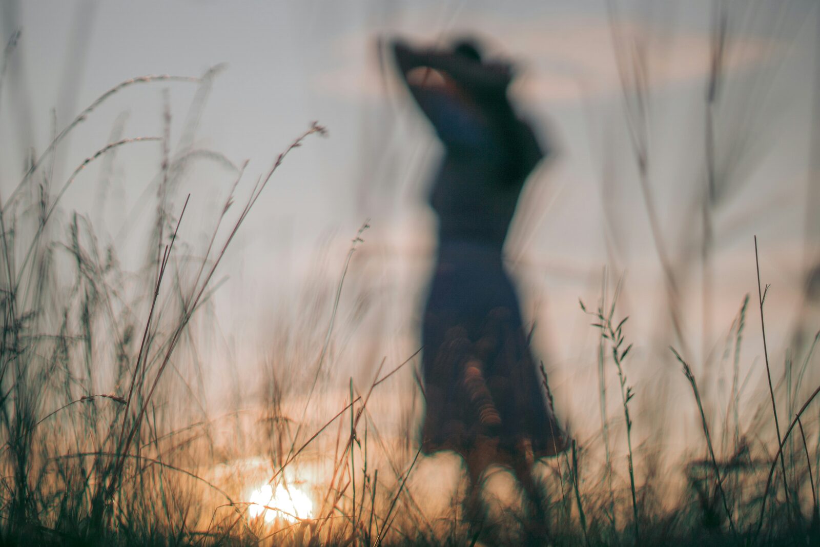 Silueta de mujer en un campo al amanecer
